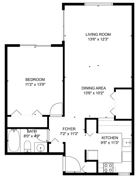 Floor plan for 1 bed, 1 bath, 741 sqft